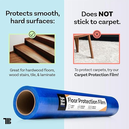 Floor Protection Film, 24 inch x 200' roll, Made in USA, Blue Self Adhesive Floor Protector for Moving and Construction, Temporary Covering for Protection of Hardwood, Tile, Other Hard Surfaces