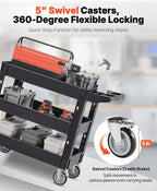 VEVOR Utility Cart, 3-Tier Plastic Service Cart with 550LBS Capacity, 360° Swivel Casters (Including 2 Locking Wheels), Medium Lipped Shelves, Ergonomic Handle, for Garage, Warehouse, Cleaning Tasks