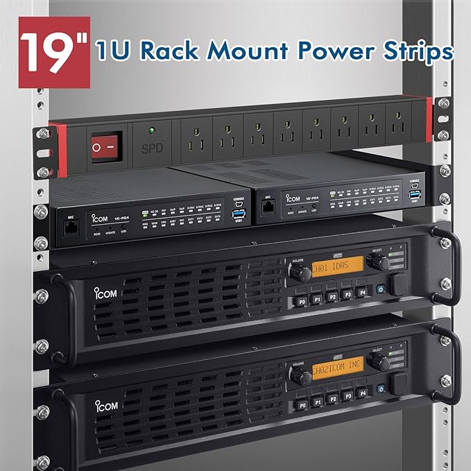 8 Outlet Rack Mount PDU Power Strip, SPD, 1200J Surge Protection & 15A Overload Switch, 360° Rotating Mounting,Fits 19'' Network Server Rack, 5FT Coiled Cord, 1U RackMount