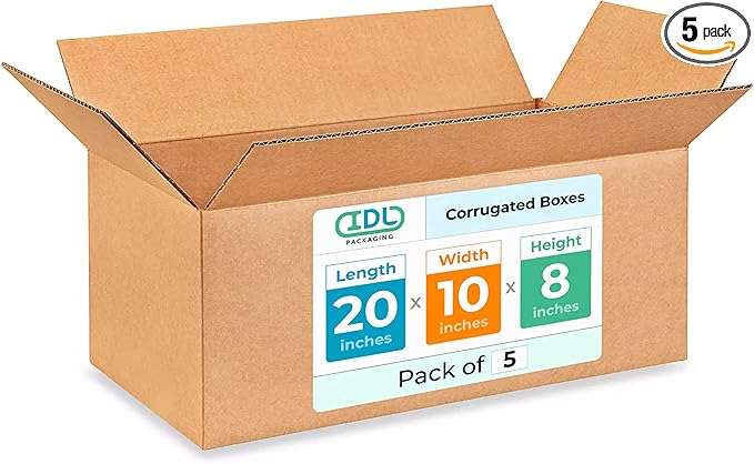 Large Shipping & Moving Boxes 20 x 10 x 8 inches (5-Pack) - Extra Strength 200 lb vs Regular - Corrugated Moving Boxes for USPS/UPS - Strong Shipping Box - Cardboard Box by IDL Packaging