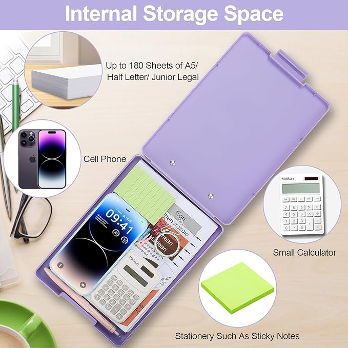 Small Clipboard with Storage, A5 Clipboards with Pen Holder, Half Letter Clip Boards 6x9 Mini Plastic Clipboard with Low Profile Clip for Classroom, School, Office Supplies (Light Purple)