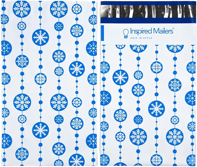Inspired Mailers - Holiday Poly Mailers 6x9-100 Pack - Snowflake Baubles (Blue) - Small Shipping Bags 6x9 - Christmas Polymailers 6x9 - Small Package Bags