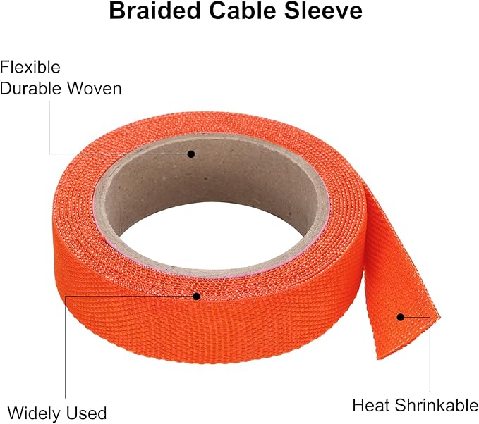 MECCANIXITY Braided Cable Sleeves Heat Shrinkable Fabric Sleeving, 1/2" 10ft Orange 2:1 Ratio Heat Shrinkable Cord Protector for Harness Cable, Network Cable Protection, Cable Management