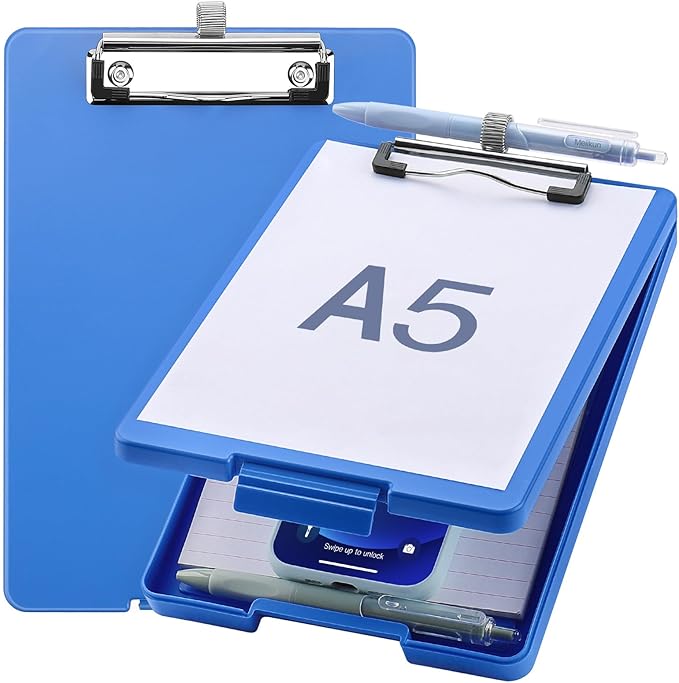 Small Clipboard with Storage, A5 Clipboards with Pen Holder, Half Letter Clip Boards 6x9 Mini Plastic Clipboard with Low Profile Clip for Classroom, School, Office Supplies (Blue)