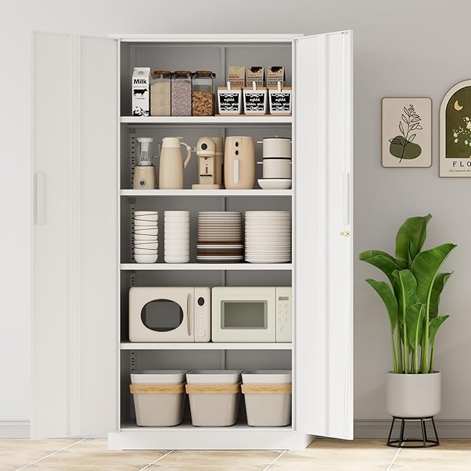 INTERGREAT Metal Storage Cabinet with Lock, 61" H Metal Cabinets Storage with 2 Doors and 4 Adjustable Shelves, Locking Garage Cabinet for Home Office, Kitchen, Bathroom (White)