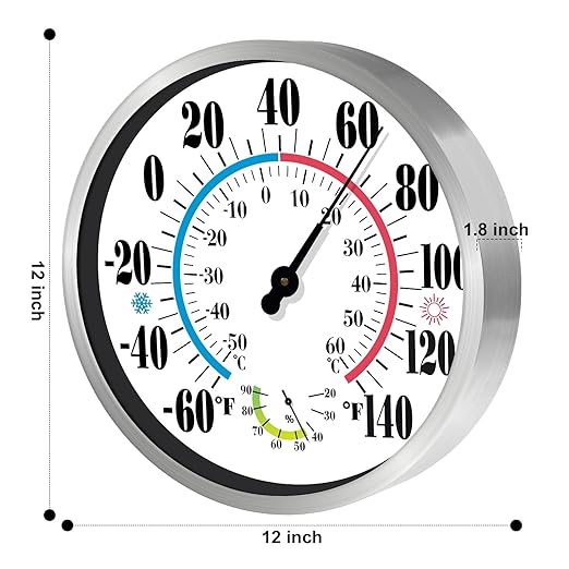 12'' Indoor Outdoor Thermometer Hygrometer - Premium Steel Outdoor Thermometer Large Numbers, Hanging Wall Thermometer Hygrometer for Home, Garden, Patio (No Battery Required)