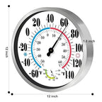 12'' Indoor Outdoor Thermometer Hygrometer - Premium Steel Outdoor Thermometer Large Numbers, Hanging Wall Thermometer Hygrometer for Home, Garden, Patio (No Battery Required)