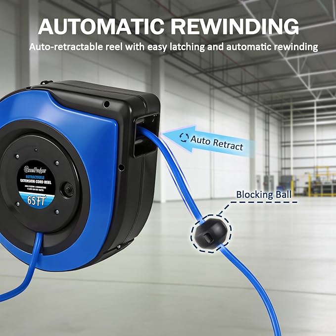 65Ft Heavy Duty Cord Reel, Retractable Extension Cord, 12AWG/3C SJTOW, Lighted Triple Tap Outlets 15A Circuit Breaker, Wall/Ceiling Mounted, Adjustable Stopper UL Listed Blue