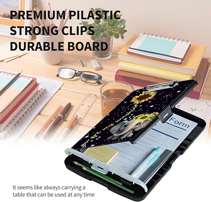 Clipboard with Storage High Capacity Plastic Nursing Clipboards with Pen Holder File Folder Storage Box Clipboard with Heavy Duty Clips for Teacher,Doctor,Offices-Elephant Sunflower