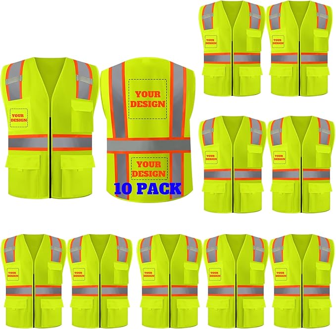 BeautyWill 10/20 Pack Custom Logo Safety Vest,Bulk High Visibility Class 2 Reflective Work Vests