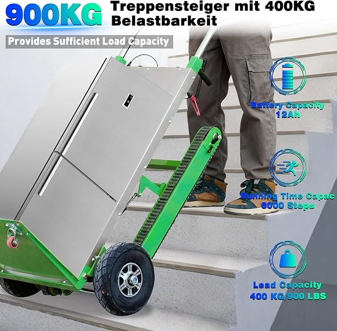 Electric Stair Climbing Dolly, 1250W Electric Stair Climbing Hand Truck, 900lbs Max Load Capacity, 3 Mode Folding Stair Climber Hand Trucks with Telescopic Handle for Moving (Green+Black/Big Wheels)