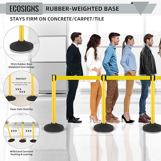 ECOSlGNS 6 Pack Stanchions with 10ft Retractable Belts - Yellow Stanchion Posts Set Crowd Control Barriers Line Dividers with Weighted Rubber Base & Sign Holders for Queue Management
