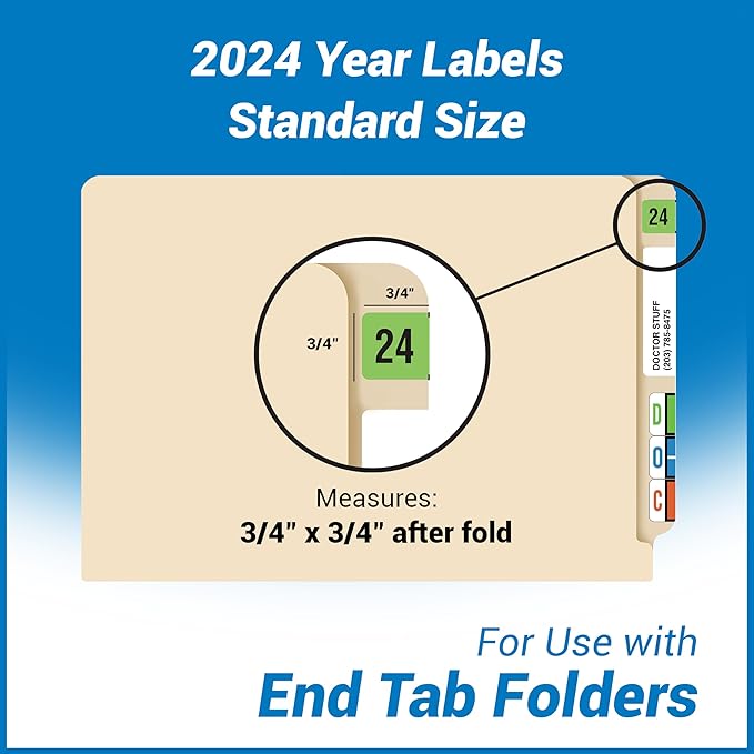2024 Year Stickers, Doctor Stuff 2024 Chart Stickers, Fluorescent Green Color Coded, USA Made Year Labels for End Tab File Folders, 500 Labels per Roll, 1 Roll, 3/4" x 1-1/2"