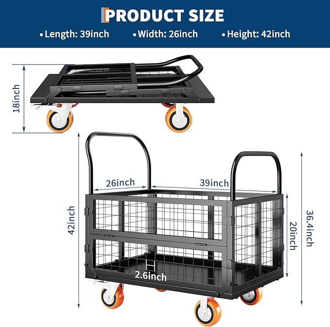6in1 Foldable Platform Truck Cart with Cage Platform Truck,1800lbs Push Cart Dolly Capacity Flatbed Hand Truck Dolly Cart Multipurpose for Grocery, Laundry, Garage, Warehouse (Black)