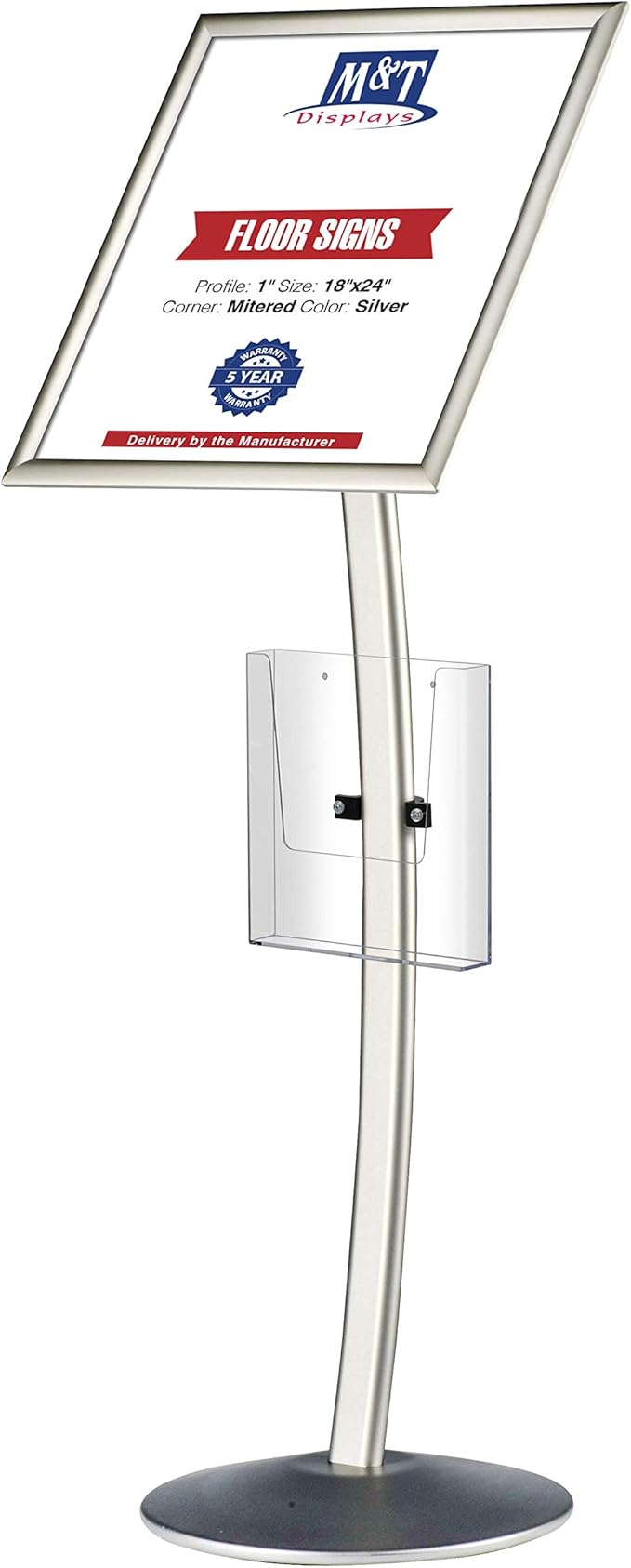 M&T Displays Curved Menu Board, 18x24 Inch Pedestal Sign Holder with 8.5x11 Inch Brochure Holder Silver Floor Standing Aluminum Front Loading Easy Open Poster Message Advertisement Post