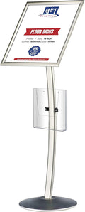 M&T Displays Curved Menu Board, 18x24 Inch Pedestal Sign Holder with 8.5x11 Inch Brochure Holder Silver Floor Standing Aluminum Front Loading Easy Open Poster Message Advertisement Post