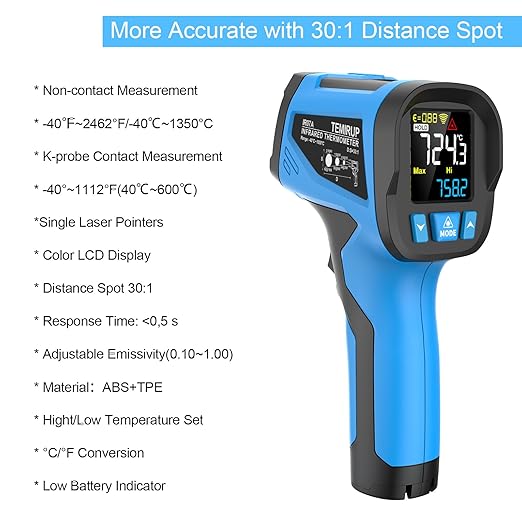 Infrared Thermometer Temperature Gun, Non-Contact High Temp Thermometer with Probe, 30:1 Laser Pyrometer with Color LCD for Cooking, Engine, Kiln, Forging, HVAC & Industrial, -40℉ to 2462℉