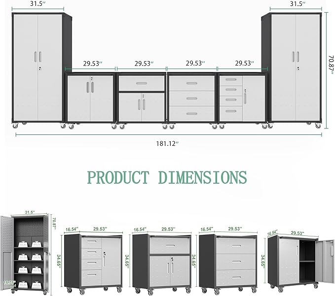 Metal Tool Cabinet,Garage Storage Cabinet System,Wall Cabinet & Locking Rolling Tool Cabinet with Doors and Adjustable Shelves,Steel Tool Cabinets for Home (6 Pcs-StyleA, Black & Grey)