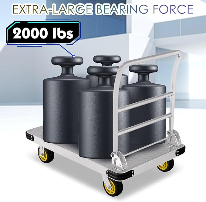 Platform Truck Heavy Duty Push Cart Dolly with 6'' Wheels 2000 LBS Capacity Steel Large Flatbed Cart Foldable Platform Dolly for Groceries, Garage, Warehouse, Equipment (36" X 24")
