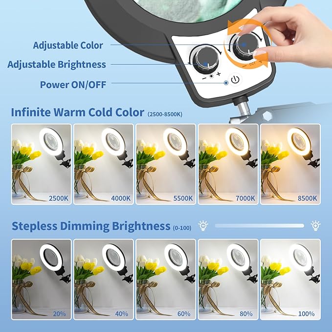 HITTI 12X Ultra Long Magnifying Glass with Light and Clamp, Upgrade Infinite Color and Brightness Workbench Light, Hands Free LED Magnifier Light and Stand for Crafts Reading Painting Soldering Hobby