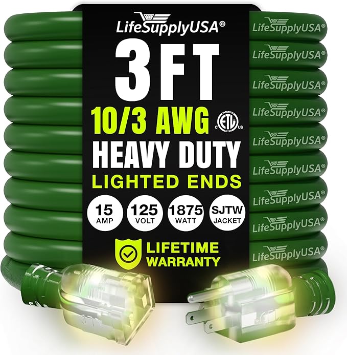 3ft Outdoor/Indoor Extension Cord 10/3 Gauge Ultra Heavy Duty 3 Prong SJTW, Waterproof, ETL Listed, Flexible Cold-Resistant Long Power Cord,15A 125V 1875W, Green by LifeSupplyUSA