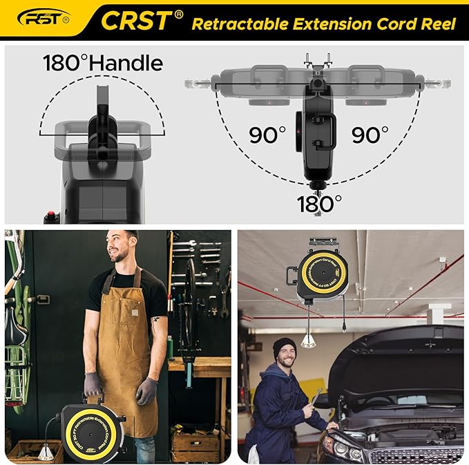CRST 50 FT Retractable Extension Cord Reel, 14AWG/3C SJTOW Heavy Duty Power Cord with 3 Grounded Outlets Lighted Triple Tap, 13A Circuit Breaker, 180° Swivel Bracket, ETL Listed