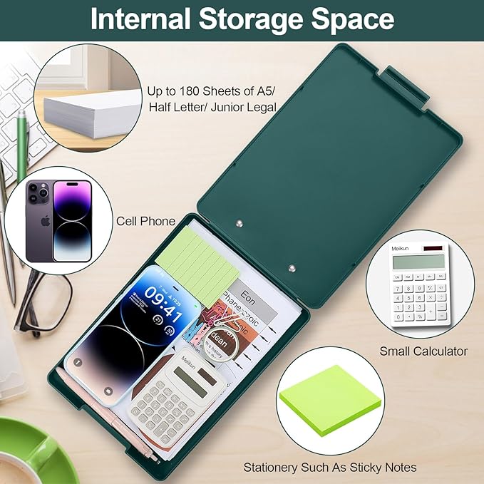 Small Clipboard with Storage, A5 Clipboards with Pen Holder, Half Letter Clip Boards 6x9 Mini Plastic Clipboard with Low Profile Clip for Classroom, School, Office Supplies (Emerald)