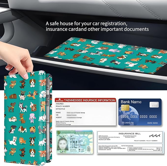 Premium Car Registration and Insurance Card Holder, Cute PU Leather Car Document Holder, Vehicle Glove Box Car Organizer with Magnetic Closure for Driver License, Cards Colorful Cute Dogs