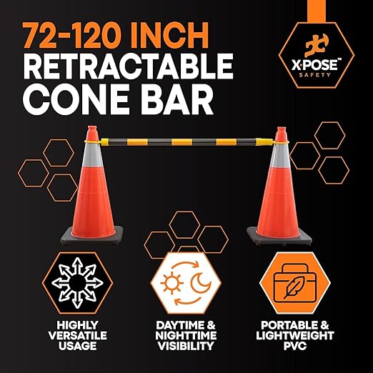 Retractable Barrier for Safety Traffic Cones - 2" OD - Large Yellow and Black Bar Barricade - for Road Construction, Parking, Warning, Temporary Security Divider (80, Yellow & Black, 72" x 120")