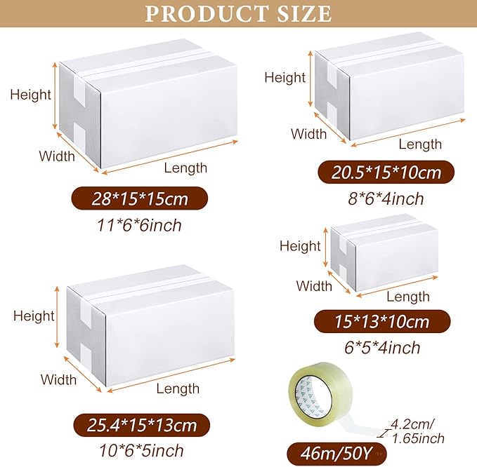 Outus 32 Pack 4 Sizes Shipping Boxes Mailers Corrugated Cardboard Box Kraft Mailing Boxes Small Packing Box with Packaging Tape for Shipping Packing Mailing (White)