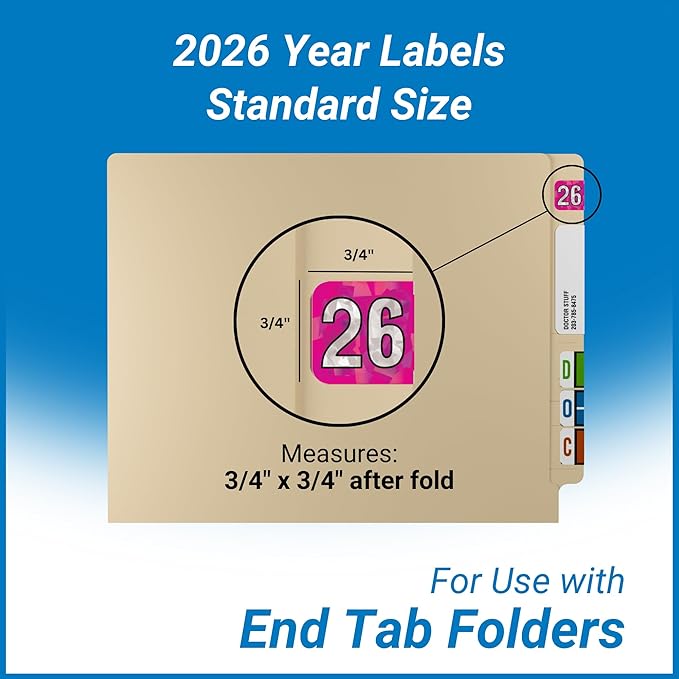 2026 Year Stickers, Doctor Stuff 2026 Chart Stickers, Holographic Fuchsia Colored, USA Made Year Labels for End Tab File Folders, 500 Labels per Roll, 1 Roll, 3/4" x 1-1/2"