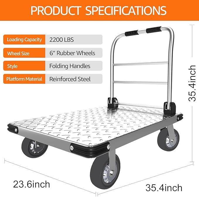 2200 lbs. Capacity Foldable Push Cart Dolly | Moving Platform Hand Truck | Heavy Duty Space Saving Collapsible | Swivel Flat Bed Wagon - Furniture Luggage Lifting
