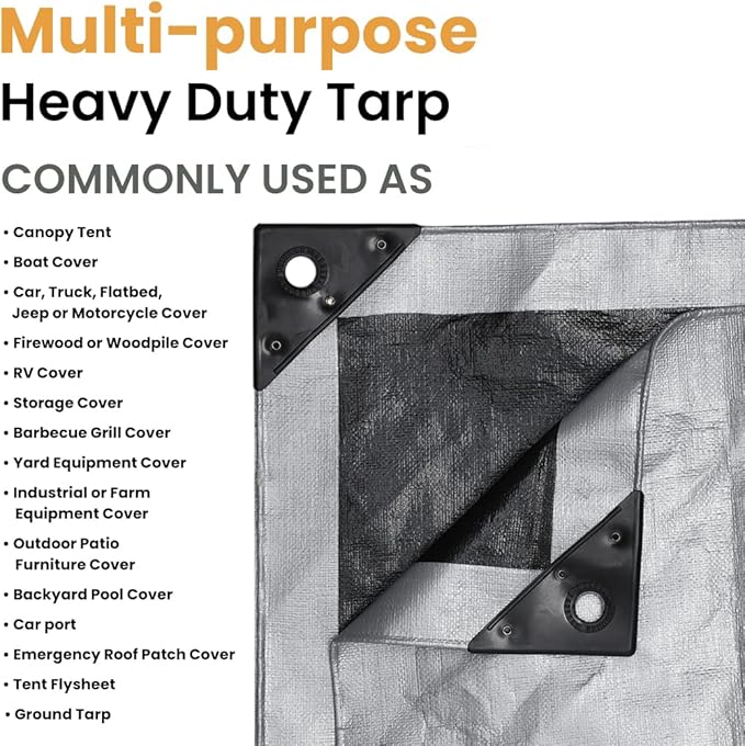 WHITEDUCK Super Heavy Duty Poly Tarp Cover 16 Mil & 10 Mil with Grommets and Reinforced Edges (Brown, White & Silver Black) (Silver Black- 10 Mil, 12' x 20')