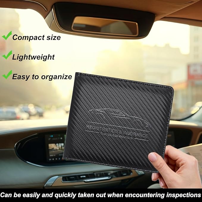 Car Registration and Insurance Holder, Premium Pu Leather Vehicle Glove Box Organizer - for Driver License, Cards & Essential Documents (Carbon Fiber Black)