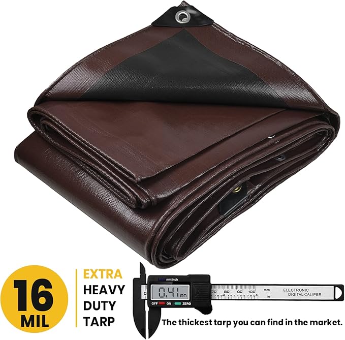 PROTARP Extra Heavy Duty 16 Mil Tarp Cover, Waterproof, UV Resistant, Rip and Tear Proof, Poly Tarpaulin with Reinforced Edges for Roof, Camping, Patio, Pool, Boat. (Brown/Black 100′ X 100′)