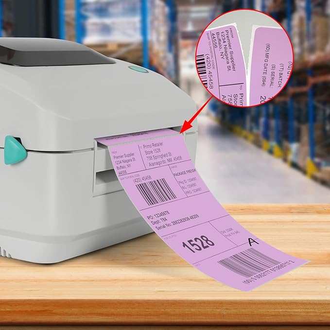 Purple Direct Thermal Labels 4 × 6 Inch Vinyl Self-Adhesive Fanfold Shipping Stickers Waterproof Perforated Printer Decal for Office Warehouse Home 500 PCS