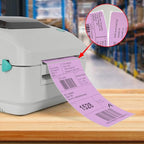 Purple Direct Thermal Labels 4 × 6 Inch Vinyl Self-Adhesive Fanfold Shipping Stickers Waterproof Perforated Printer Decal for Office Warehouse Home 500 PCS