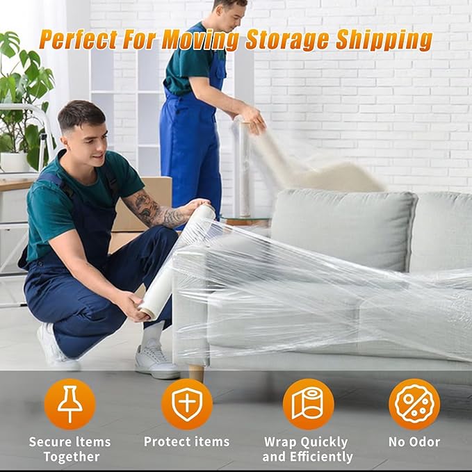 Stretch Film Shrink Wrap for Moving Supplies (15inch, 4 Pack) x 1000ft, Industrial Strength Plastic Wrap Stretch Roll for Pallet Wrapping Shipping Moving Boxes Storage Furniture with Handles, Clear