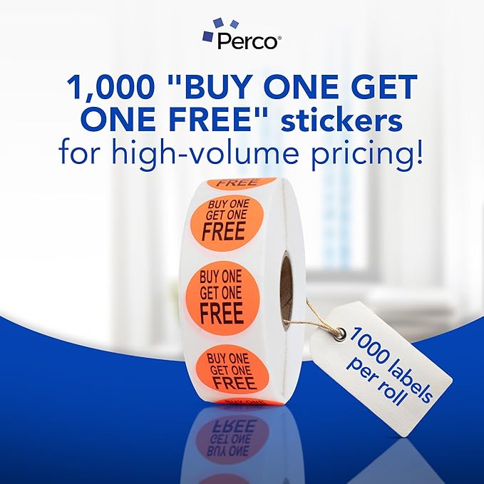 Perco Fluorescent Red 1-Inch Circle Buy One Get One Retail Price Stickers — 1,000 Perforated Labels per Roll — Ideal for Storefronts, Flea Markets, Merchandising, and Inventory Marking — Made in USA