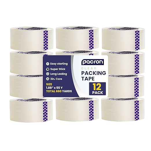 Clear Packing Tape - 12 Heavy-Duty Wrapping Tape - 55-Yard Length, 660 Total Yards 1.88-Inch Wide Strong Adhesive Rolls for Moving Boxes, Office Packaging, Storage Organization & Warehouse Shipping