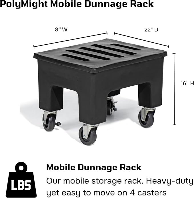 PolyMight Mobile Heavy-Duty Poly Dunnage Rack with Caster Wheels for Warehouses and Commercial Industrial Storage 18" x 22" x 16" with 600 lb Capacity