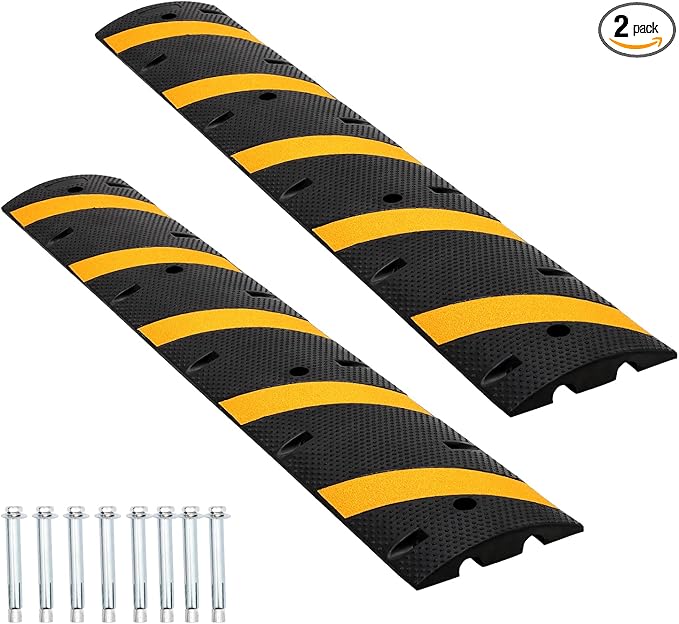 2-Pack 6FT Heavy Duty Speed Bumps – 25,000Lb Capacity Recycled Rubber Traffic Calming Humps for Parking Lots, Driveways & Garages – Weatherproof with Cable Protection Channels