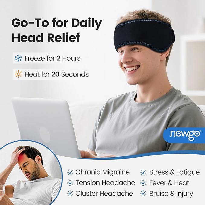 NEWGO Headache Ice Pack Head Wrap for Migraines, FSA Eligible, Cold Pack Head Ice Therapy Wrap for Headache Relief, Tension, Sinus Pain, Chemo, Head Injuries