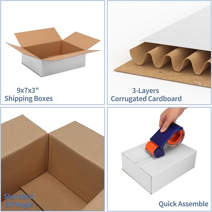Hoikwo 9x7x3 Shipping Boxes Set of 30, White Corrugated Cardboard Box for Small Business for Packaging Mailing
