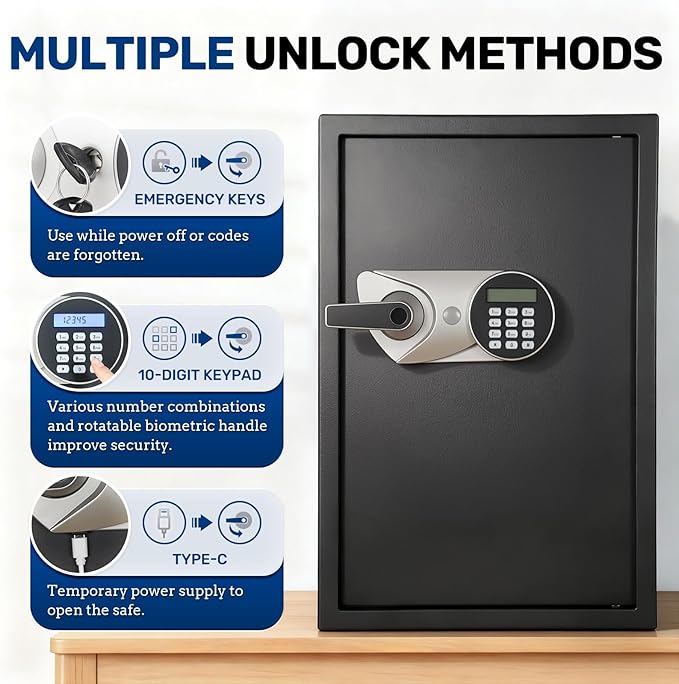 BlackSmith Biometric Safe Box 2.2 Cub Quick Access Home Security Safe with LCD Display Dual Alarm System Adjustable Shelves Wall Mount Lock Box for Home Office Hotel, Black