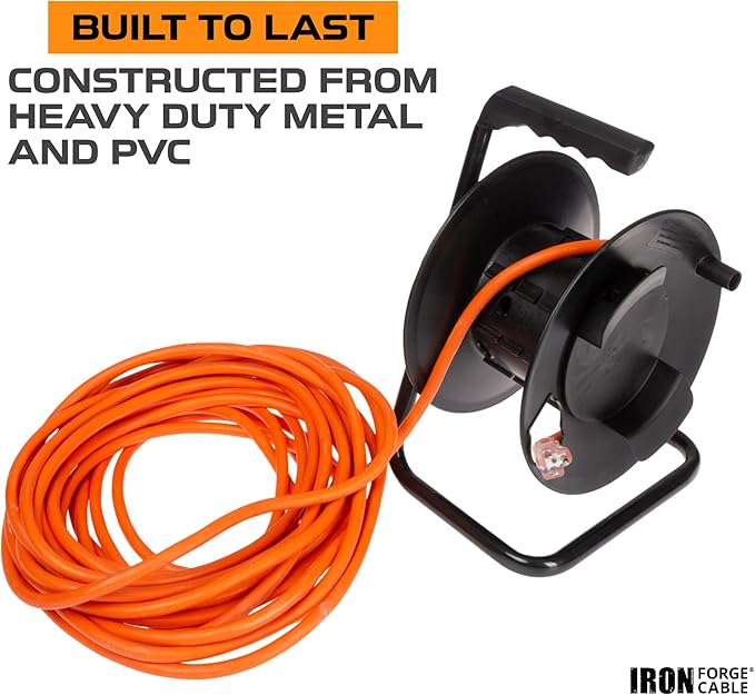 IRON FORGE CABLE Extension Cord Storage Reel with Metal Stand, Black - Portable Cable Reel That Holds Up to 100 Ft of Extension Cords, Hose, or Rope