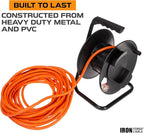 IRON FORGE CABLE Extension Cord Storage Reel with Metal Stand, Black - Portable Cable Reel That Holds Up to 100 Ft of Extension Cords, Hose, or Rope