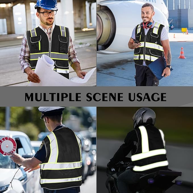 High Visibility Safety Vest - Reflective Breathable Mesh with 9 Pockets, Front Zipper for Men & Women - Meets ANSI/ISEA Standards