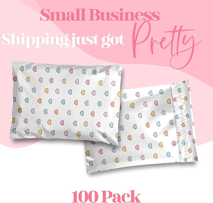 6x9 Designer Poly Mailer 100 Pack Heavy Duty Waterproof Self Seal Shipping Bags for Small Business Large Mailing Envelopes Bulk Tear Resistant Packaging Preppy Hearts