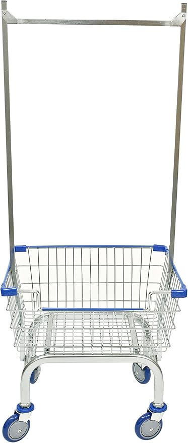 Laundry Cart Chrome Coated with Double Pole Rack, 2.5-Bu (Red or Blue Trim) (Blue)